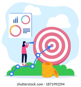 Ilustración vectorial del concepto de negocio, objetivo con gráfico, ingresos objetivo, idea creativa, trabajo en equipo, logro de objetivos.