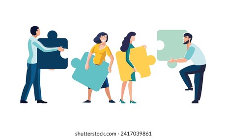 Vector illustration. Business concept. Team metaphor. People connecting puzzle elements, flat design style.Teamwork cooperation, partnership, girls, women, boys, people, friendship together to develop