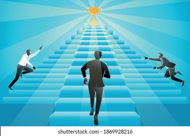 Vector Illustration Of Business Concept, Three Businessman Running Up Stairs To Success, Try To Reaching A Trophy 