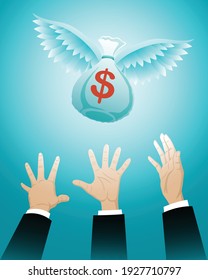 Ilustración vectorial del concepto de negocios, tres manos de empresario persiguiendo bolsa de dinero volador