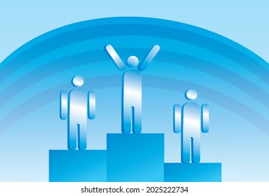 Vector illustration of business concept, three businessmen on podium, one among them being flash lighted by big hand from top using flashlight