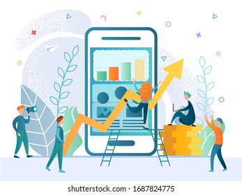 concepto de negocio de ilustración vectorial. diminutas personas están viendo el crecimiento de las ventas y el desarrollo de la aplicación móvil