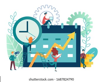 vector illustration business concept. tiny people plan work events and organize the process of working in a team using the organizer app in an electronic gadget