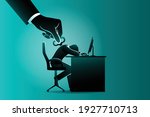 Vector illustration of business concept, tired businessman with winders on his back sleepy on computer desk controlled by big hand