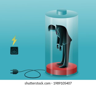 Vector illustration of business concept, tired businessman on low battery