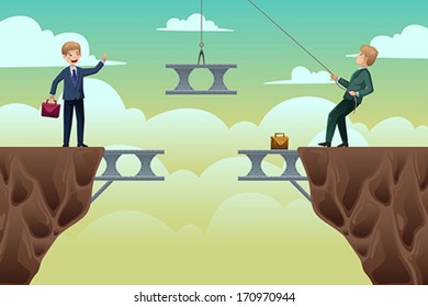 A vector illustration of business concept of two businessmen trying to build a bridge in between cliffs