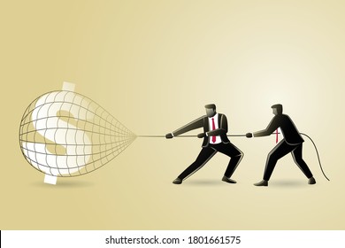 Vector illustration of business concept, two businessman catching huge dollar currency symbol with fishnet