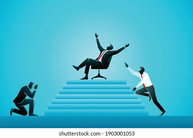 Vector illustration of business concept, two businessman kneel down before their leader at the top of upstairs