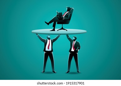 Vector illustration of business concept, two businessman lift up their boss who sit on chair while reading book
