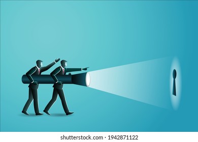 Vector illustration of business concept, two businessmen holding a giant flashlight finding keyhole, symbol of struggle find problem solving