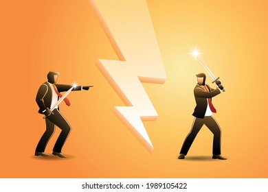 Vector illustration of business concept, two businessman confrontation with sword ready to fight