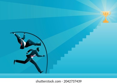 Vector illustration of business concept, two businessman compete to reach trophy on peak of stairs