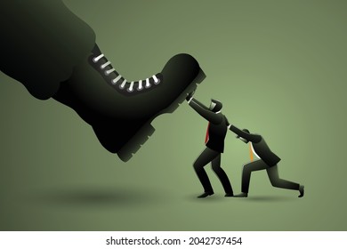 Vector Illustration Of Business Concept, Two Businessmen Cooperating Against A Giant Military Move