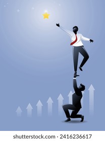Vector illustration of business concept, two businessman cooperation to reach golden star