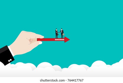 Vector illustration business concept, Two businessman shaking hand on arrow success