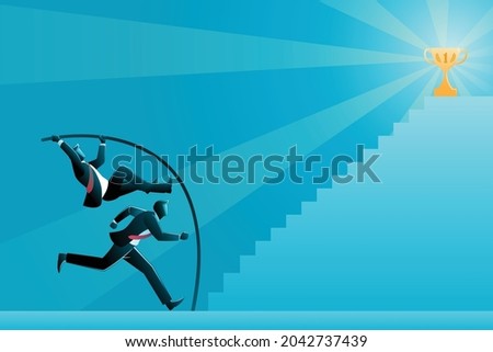 Vector illustration of business concept, two businessman compete to reach trophy on peak of stairs Foto stock © 