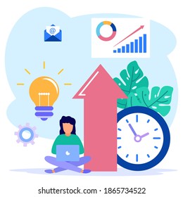 Ilustración vectorial de un concepto de negocio, sitio web sobre el aumento de la productividad, carácter de una persona con una laptop. Ilustraciones para sitios web, páginas de inicio, aplicaciones móviles, afiches y banners.