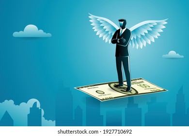 Vector illustration of business concept, a winged businessman standing on flying money with arms folded across chest crossing cityscape