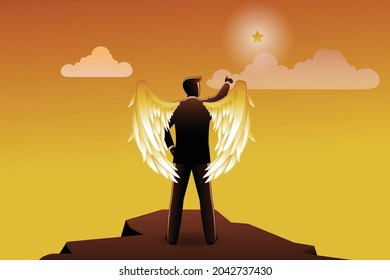 Vector illustration of business concept, winged businessman on peak of cliff pointing to star
