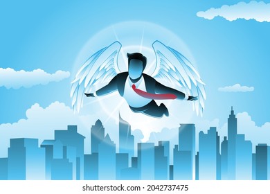 Vector illustration of business concept, winged businessman flying across cityscape on blue sky background