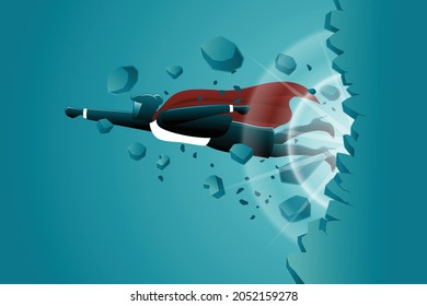 Vector illustration of business concept, winged businesswoman flying break through wall