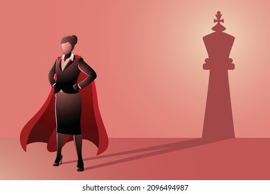 Vector illustration of business concept, business woman superhero standing with king chess shadow