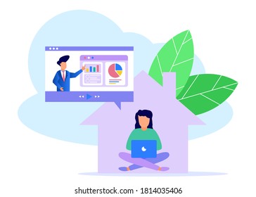 Ilustración vectorial de un concepto de negocio. Trabajar desde casa, conocer a sus superiores en línea. Educación a distancia, tutoriales de video. Conferencias de negocios en línea, reuniones de negocios.