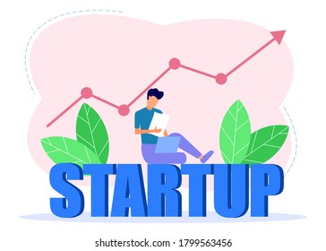 Vector illustration of a business concept. A young businessman with a laptop preparing for a start-up business project. preparing work projects, success, flat color icons, business analysis - Vector. 