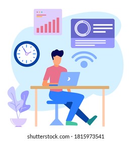 Vector illustration of a business concept, young freelance sitting in work room with laptop. Growth graph icon. Easy to edit and customize. Vector illustration