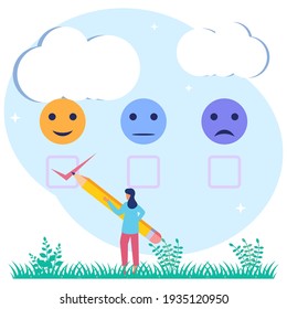 Ilustración vectorial del concepto de negocio.Encuesta de satisfacción del cliente como retroalimentación del cliente. Experimente la opinión del consumidor como opción para un servicio o producto. Escala de evaluación de la actuación profesional.