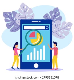 Vector illustration of business concepts, business people studying infographics, evolutionary scale analysis.