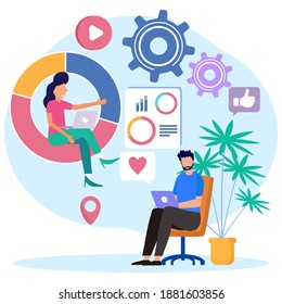 Vector illustration of business concepts, business people study infographics, scale evolution analysis, gear links, business gear vectors, and various other icons.
