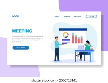 Vector illustration of business concepts, business people sitting at the bargaining table, vector collective thinking and brainstorming, company information analytics.