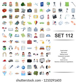 Vector illustration of business ,conference , negotiations, hotel, event , service, supermarket rest travel making movie interpreter translator icon set.