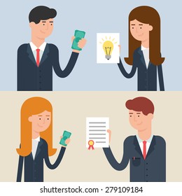 Vector illustration of business deals - investment, patenting, buying and selling ideas, conclusion of a contract