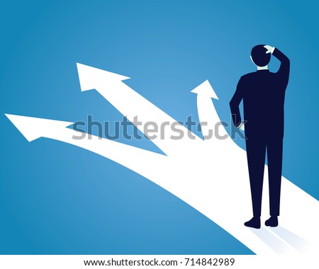 Vector illustration. Business decision concept. Businessman confuse to choose the right direction. Future, direction development, goal, success