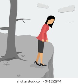 Vector illustration. Business depressed woman on a cliff looking down