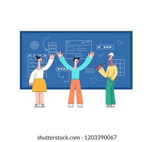 Vector illustration of business development and data analysis with team of people standing with layouts and drawing information behind and discussing them in flat style isolated on white background.