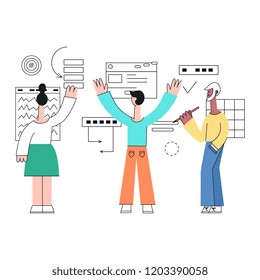 Vector illustration of business development with team standing with their back before layouts and drawing analytics data and discussing them in flat style isolated on white background.