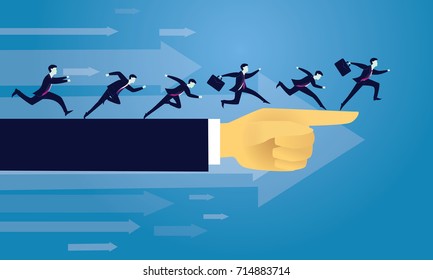 Vector illustration. Business directional leadership conceptual. Businessmen running forward looking for success in the way showed by giant hand of leader. Pointing direction competition concept