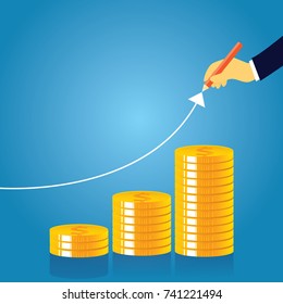 Vector illustration. Business economic financial concept. Businessman and pile of coins. Coins stack, investment revenue wealth development