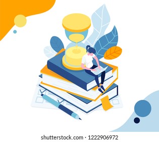 vector illustration business education. graphics design a person solves the tests and passes the exam online, for a certain time on the hourglass. online training, test solution