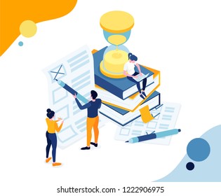 vector illustration business education. graphics design a person solves the tests and passes the exam online, for a certain time on the hourglass. online training, test solution