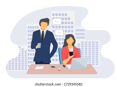 Vector illustration of business employees, male and female, talking about business processes in the office, solving problems