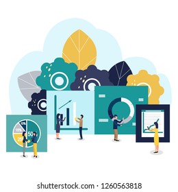 Vector illustration of a business, employees study infographics. Illustration for your design.
