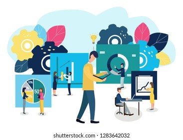 Vector illustration of a business, employees study infographics. Illustration for your design.