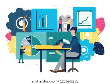 Vector illustration of a business, employees study infographics. Illustration for your design.