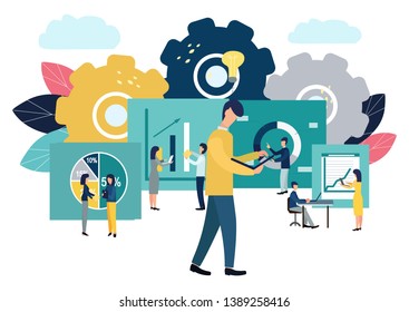 Vector illustration of a business, employees study infographics. Illustration for your design.
