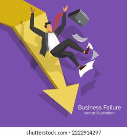 Ilustración vectorial - Concepto de falla empresarial. Un hombre de negocios se cae con papel y maletín. Bajando la dirección de la flecha. Terminación del trabajo.