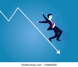 Vector illustration. Business failure concept. Businessman falling down on failure arrow